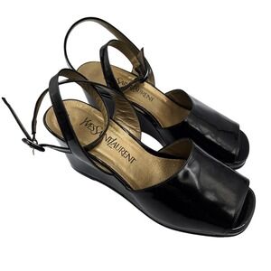 Yves Saint Laurent Black Patent Leather Wedge Peep Toe Italy Womens 7.5 M